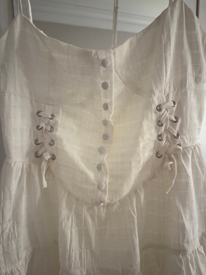 Düğmeli Beyaz Mini Keten Elbise - Görsel 2