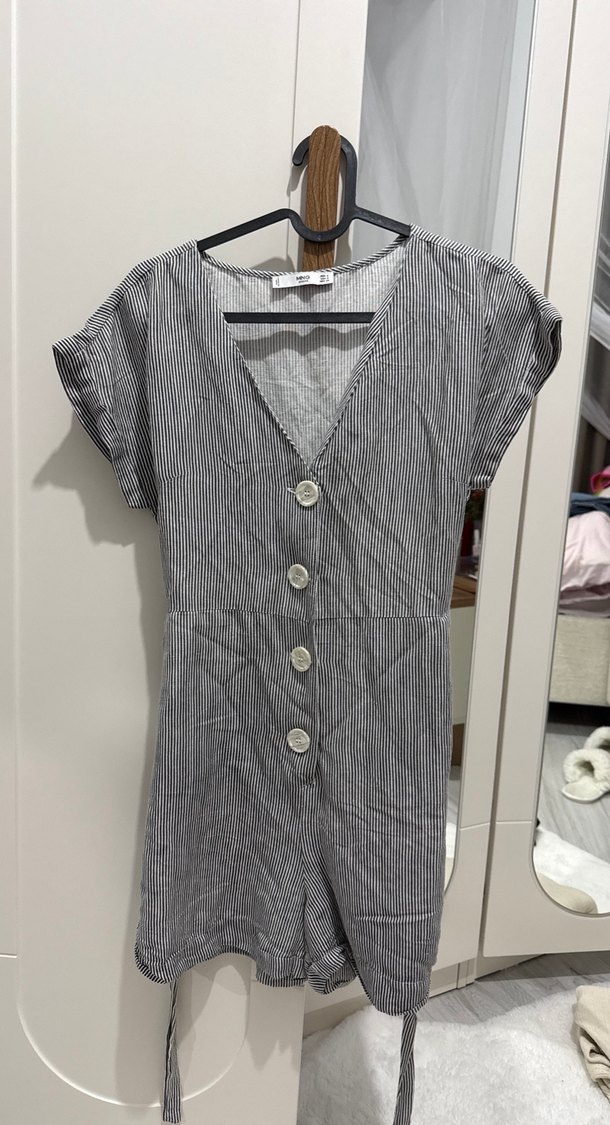 Gri Çizgili Kısa Mango Tulum - Görsel 2