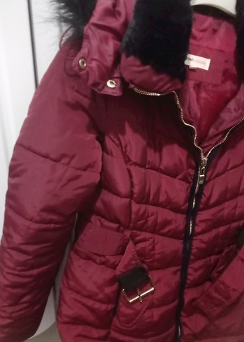 34 Beden Bordo Kürk Detaylı Uzun Kışlık Kadın Mont
