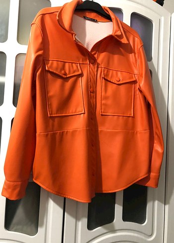 Düğmeli Turuncu Deri Kadın Ceket - Görsel 2