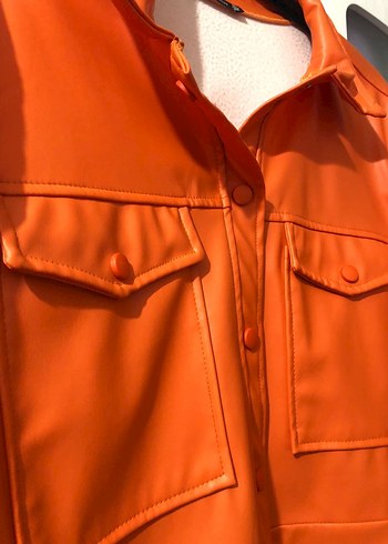 Düğmeli Turuncu Deri Kadın Ceket - Görsel 4