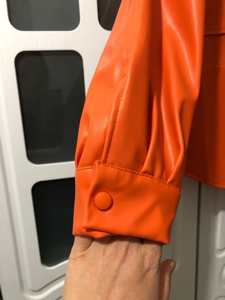 Düğmeli Turuncu Deri Kadın Ceket - Görsel 3