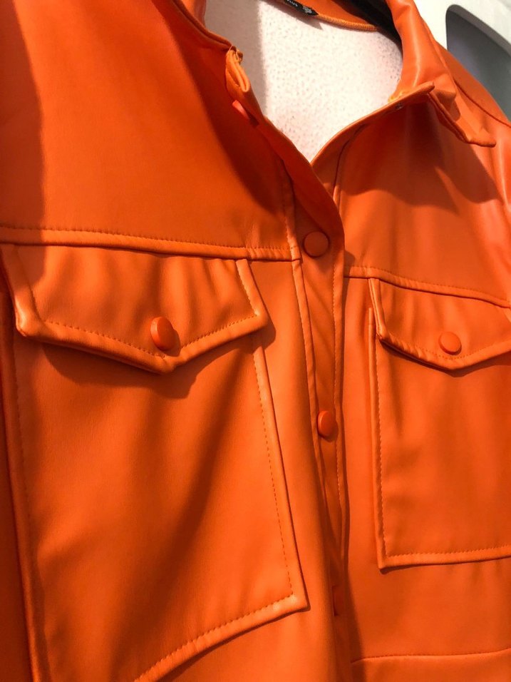 Düğmeli Turuncu Deri Kadın Ceket - Görsel 4