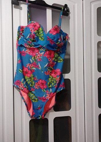 Mavi Çiçekli Fırfırlı Kadın Mayo - Görsel 8