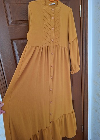 Düğmeli hardal sarısı Uzun Kollu Bohem Elbise