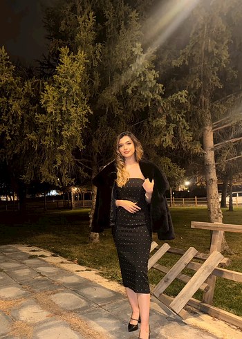 s Beden Siyah Puantiyeli Straplez Midi Kalem Elbise