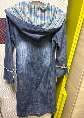 Mavi Uzun Denim görünümlü Düğmeli pardesü - Görsel 5