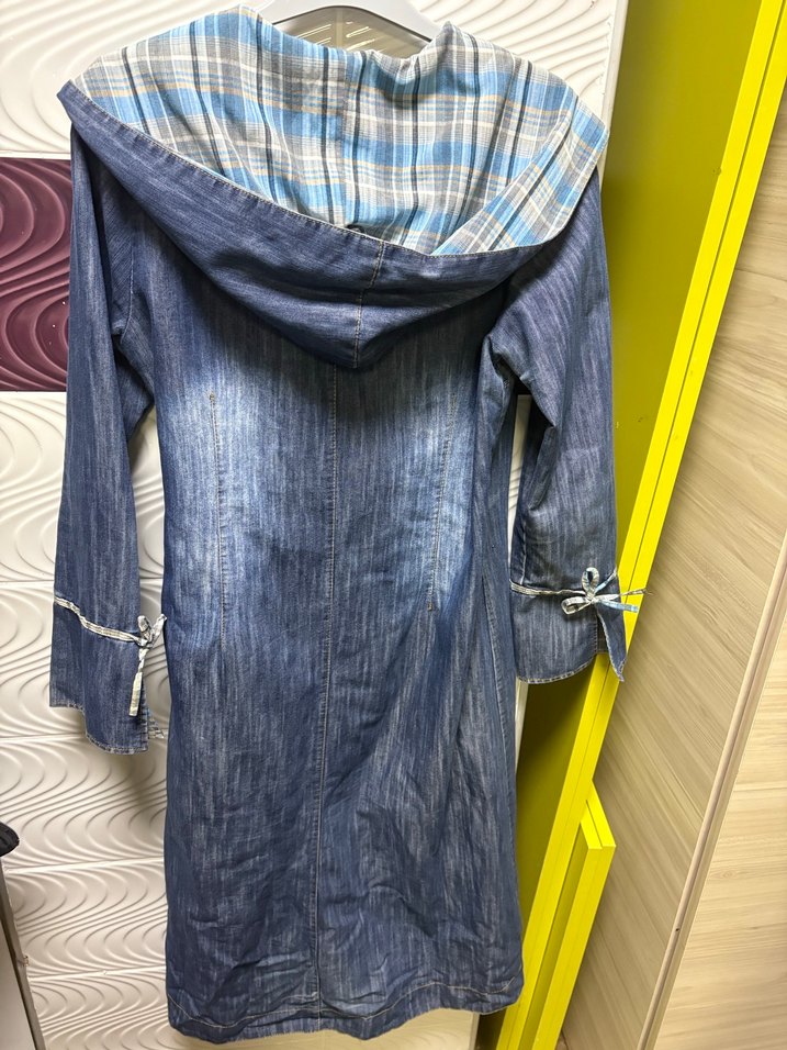 Mavi Uzun Denim görünümlü Düğmeli pardesü - Görsel 5