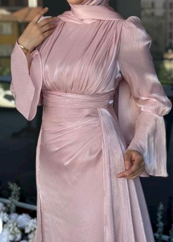 Abiye Pembe Drapeli Uzun Abiye Elbise