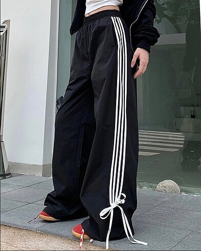 Diğer Siyah Side Bow Stripe Paraşüt Bol Paça Eşofman