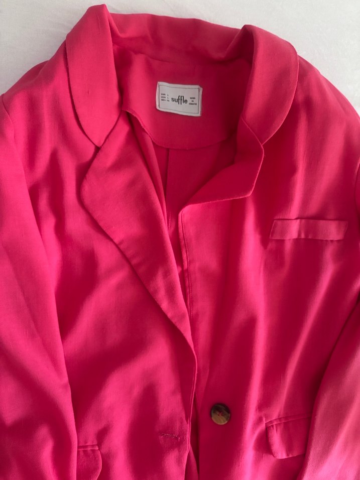 Düğmeli Pembe Kadın Keten Blazer Ceket - Görsel 3