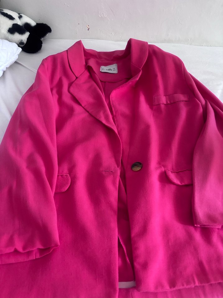 Düğmeli Pembe Kadın Keten Blazer Ceket - Görsel 2