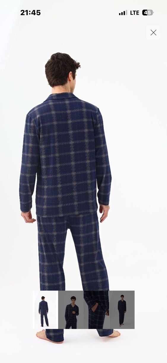 Erkek mavi Kareli Uzun Kollu Pijama Üstü - Görsel 3