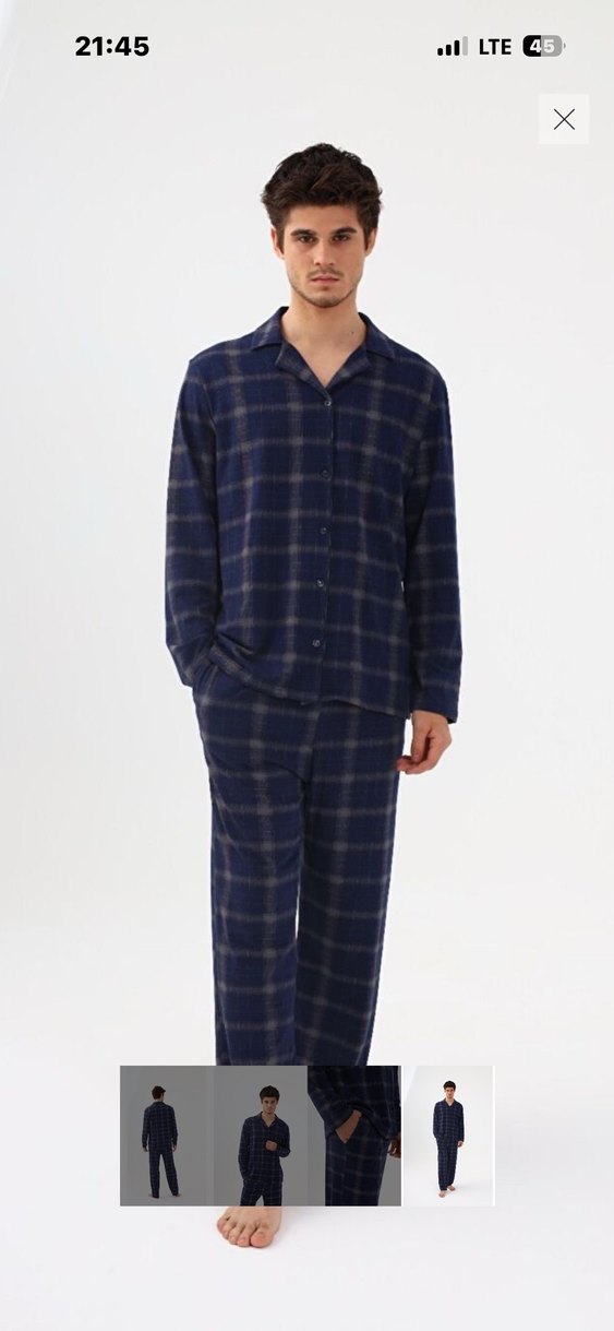 Erkek mavi Kareli Uzun Kollu Pijama Üstü - Görsel 2