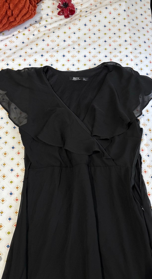 V Yaka Siyah Uzun Drapeli Elbise - Görsel 3