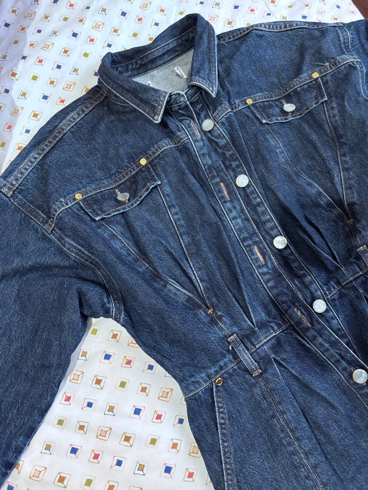 Düğmeli Koyu Mavi Midi Kot Ceket - Görsel 3