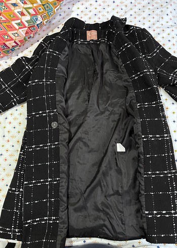 Düğmeli Siyah Kareli Midi Kadın Kaban - Görsel 3