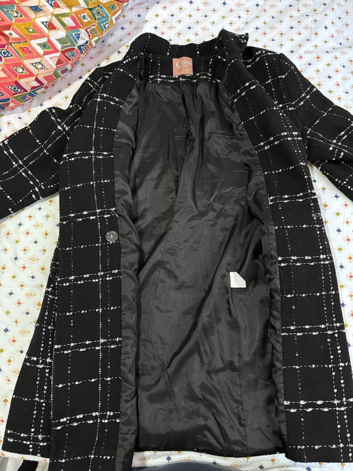 Düğmeli Siyah Kareli Midi Kadın Kaban - Görsel 3