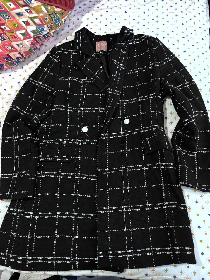 Düğmeli Siyah Kareli Midi Kadın Kaban - Görsel 2