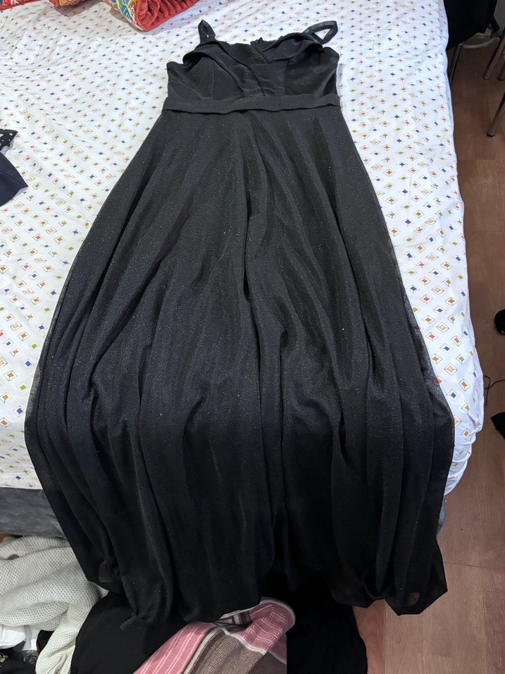 Uzun Siyah V Yaka Drapeli Abiye Elbise - Görsel 2