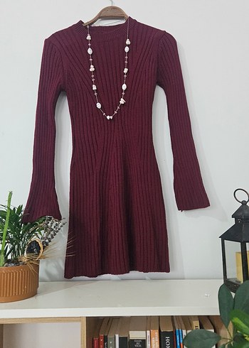 Bordo Bohem Yüksek Yakalı Triko Elbise