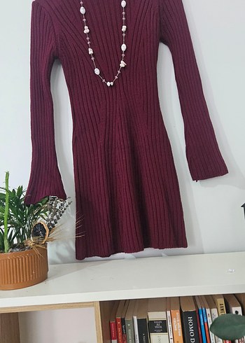 Trendyol & Milla Bordo Bohem Yüksek Yakalı Triko Elbise