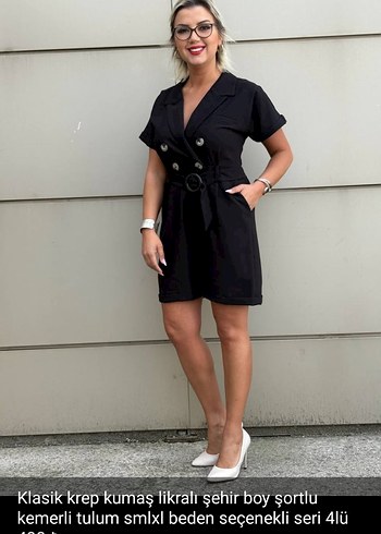 Kemerli Siyah krep  Mini Tulum - Görsel 2