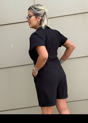 Kemerli Siyah krep  Mini Tulum - Görsel 3