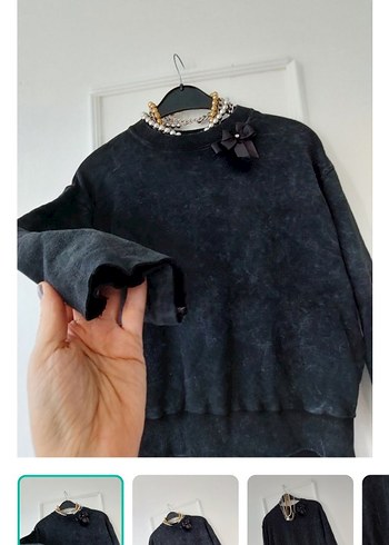 Tasarımcı Siyah Yuzeyli Fiyonklu Rahat Sweatshirt
