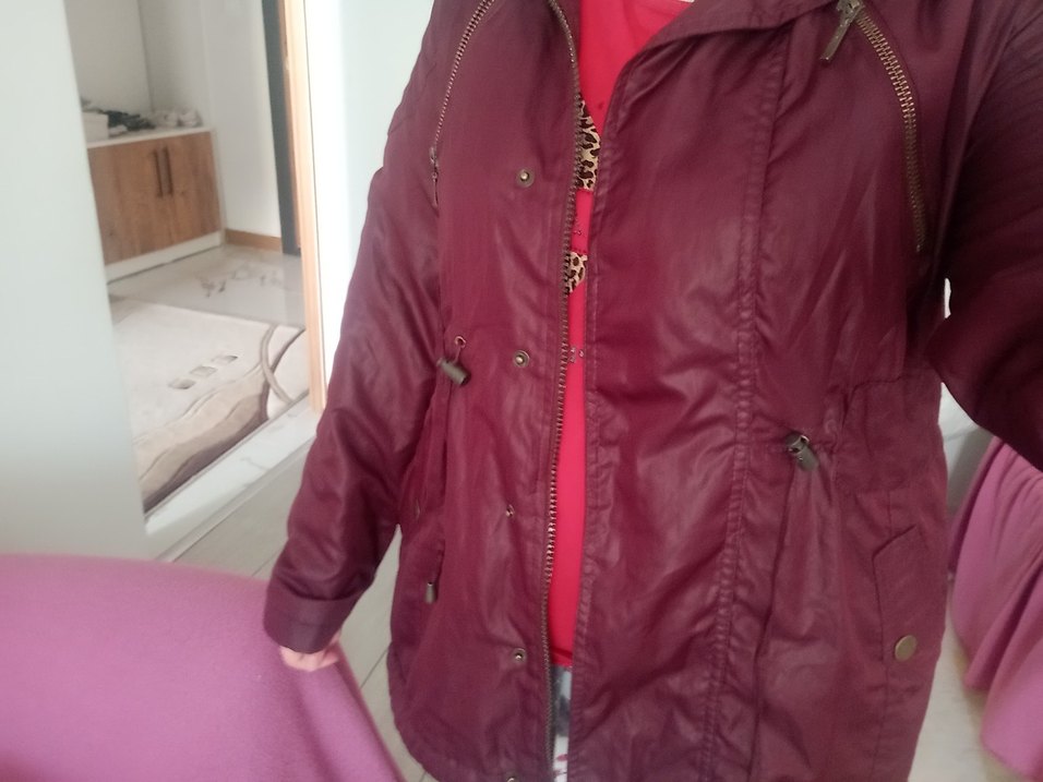 bordo parlak Kadın mont Fermuarlı Midi Boy - Görsel 2