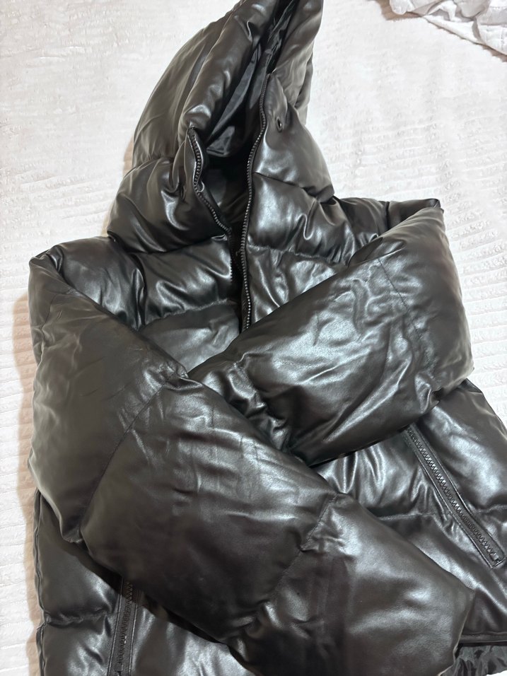 Siyah Deri Mini Kemerli Kadın Kışlık mont - Görsel 3