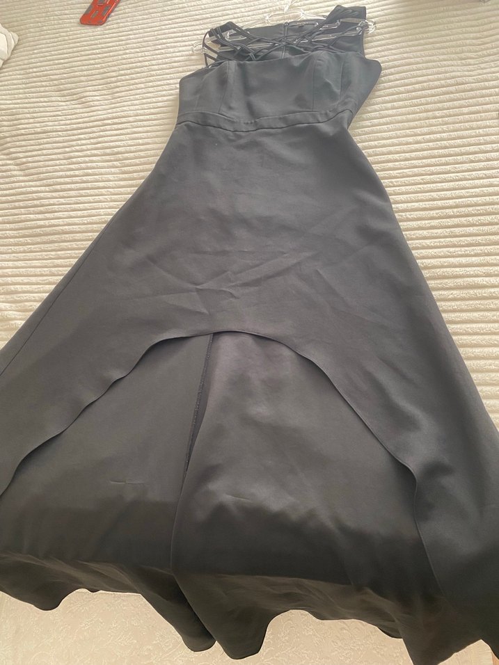 Uzun Siyah V Yakalı Strappy Kadın Elbise - Görsel 3