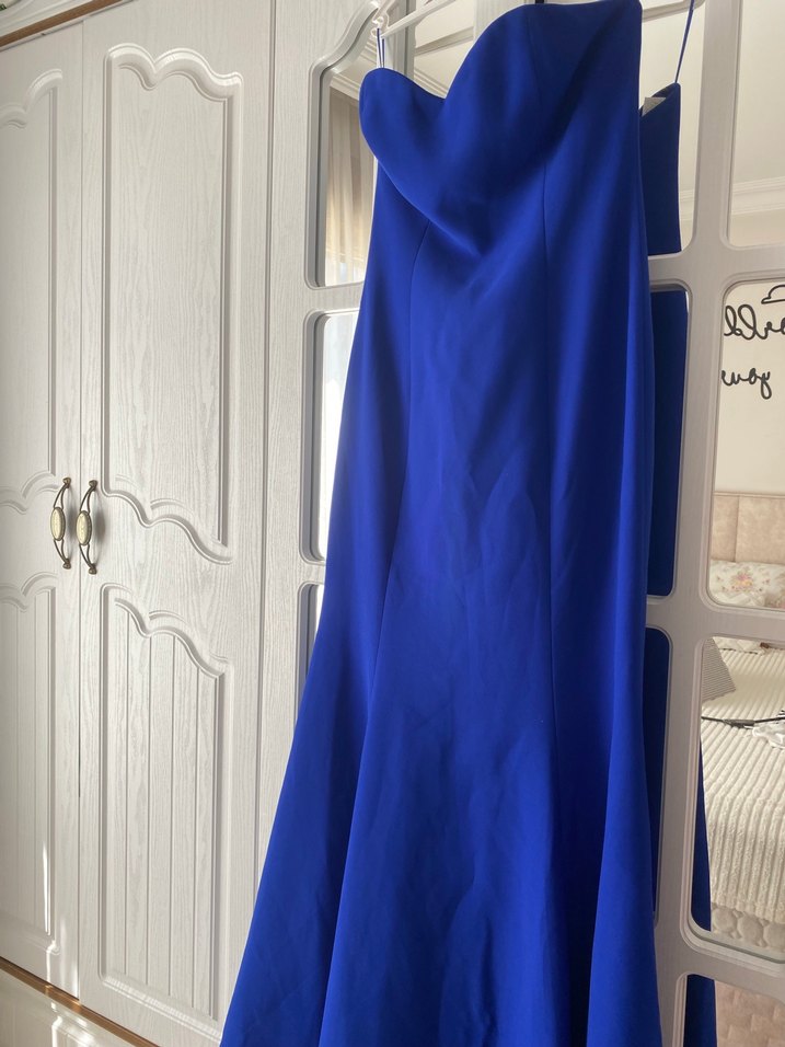 Drapeli Uzun Mavi Straplez Abiye Elbise - Görsel 2