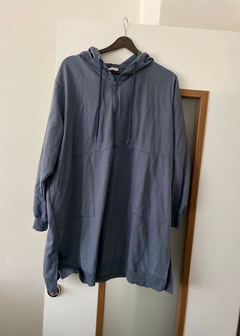 Mavi Kapüşonlu Midi Sweatshirt