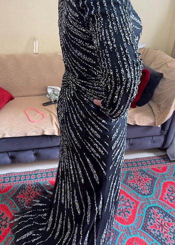 Boncuk İşlemeli Uzun Siyah Tesettür Abiye Elbise - Görsel 5