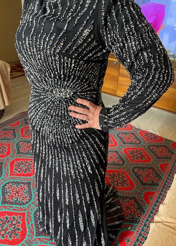 Boncuk İşlemeli Uzun Siyah Tesettür Abiye Elbise - Görsel 7