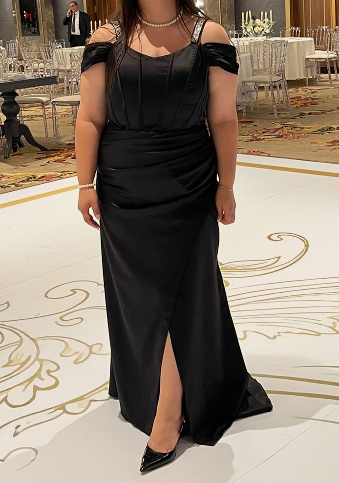 Siyah Uzun Drapeli  Büyük Beden Abiye - Görsel 4