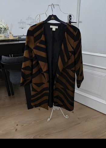 Kahverengi Zebra Desenli Midi Ceket