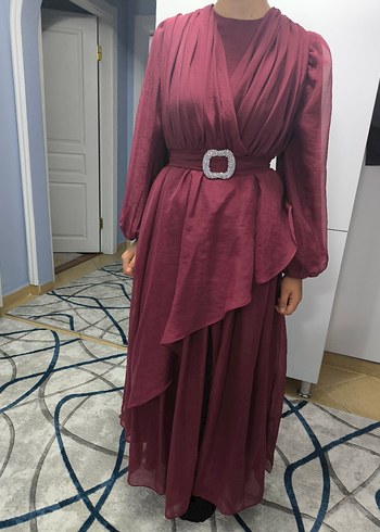 Bordo Uzun Drapeli Kadın Elbise - Görsel 6
