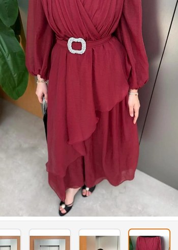 Bordo Uzun Drapeli Kadın Elbise - Görsel 11
