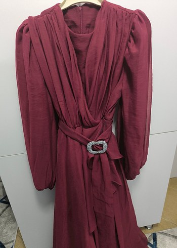 Bordo Uzun Drapeli Kadın Elbise - Görsel 7