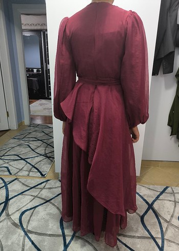 Bordo Uzun Drapeli Kadın Elbise - Görsel 5