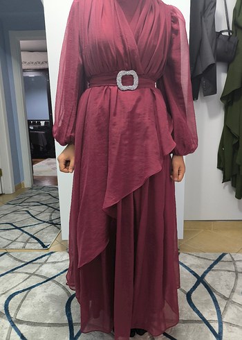 Bordo Uzun Drapeli Kadın Elbise - Görsel 8