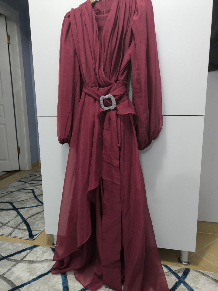 Bordo Uzun Drapeli Kadın Elbise - Görsel 4