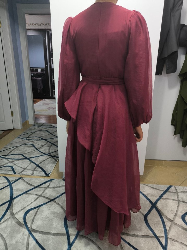 Bordo Uzun Drapeli Kadın Elbise - Görsel 5