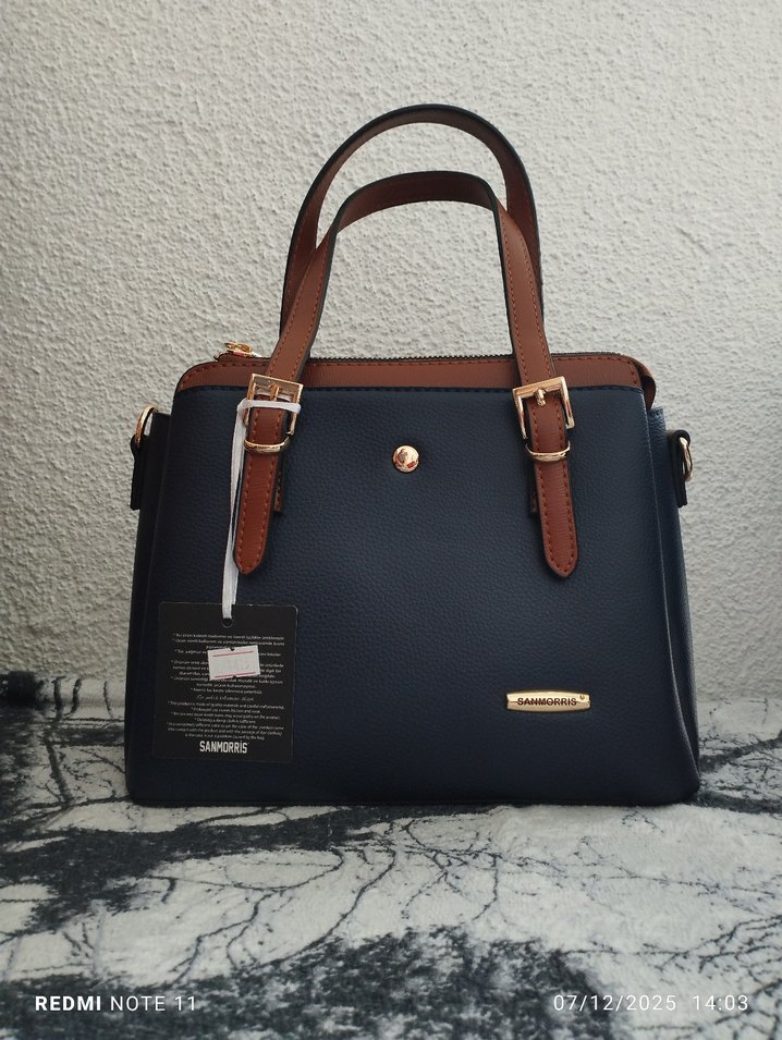 Klasik Şıklıkta Mavi Deri Kadın Çanta - Görsel 4