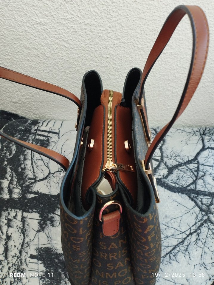 Kahverengi Deri Baskılı Kadın Çanta - Görsel 3