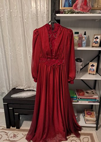Bordo Nakışlı Vintage Uzun Abiye Elbise