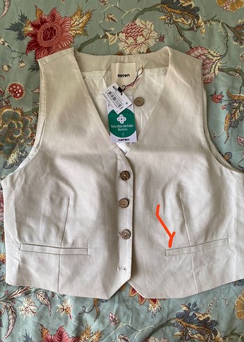 Bej Keten V Yaka Kolsuz Kadın Yelek - Görsel 2