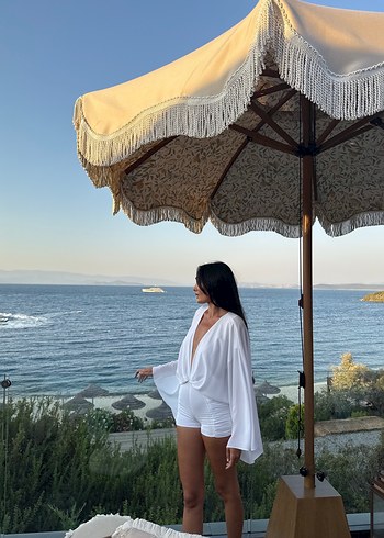 s Beden Drapeli V Yakalı Beyaz tulum